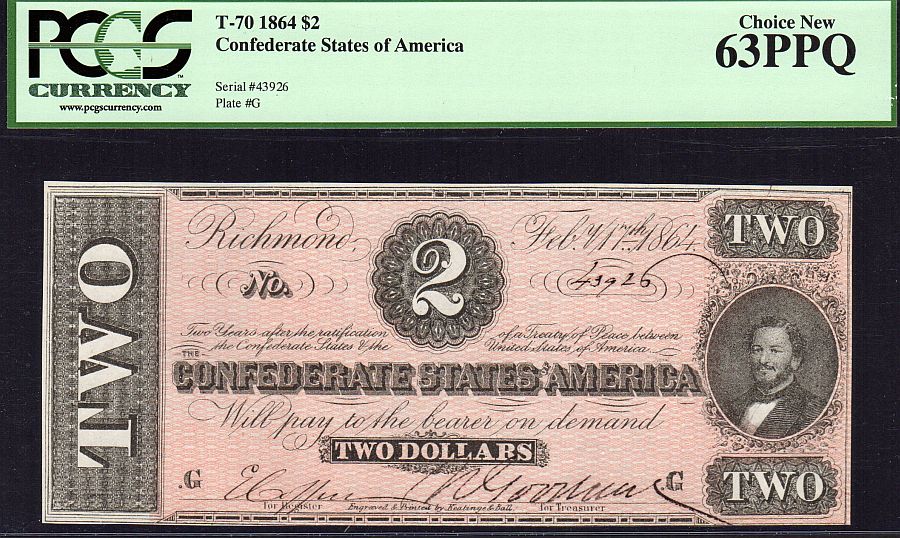 T70, 1864 February 17, $2 Confederate Note, 43926, PCGS63-PPQ